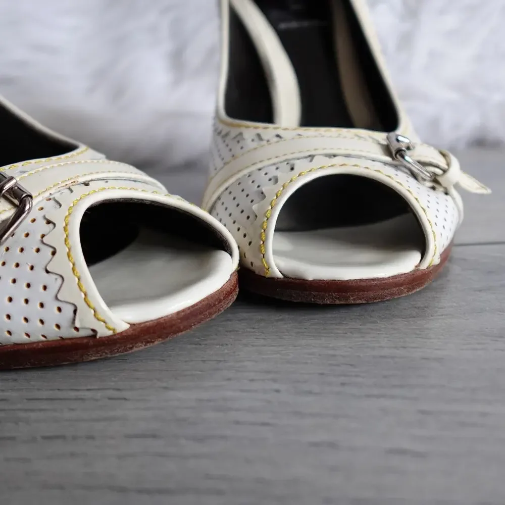 Fendi White and Cream Patent Leather Peep-Toe Heels